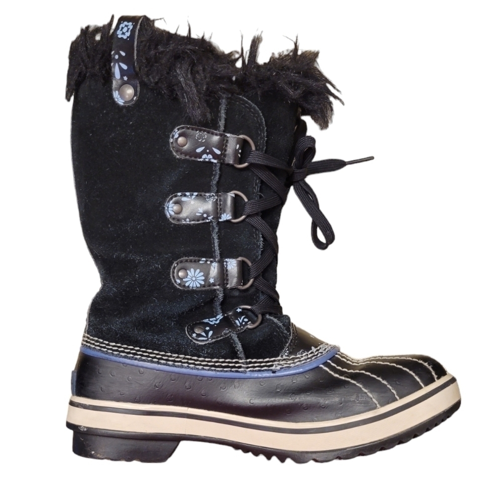Sorel Youth Girls Tofino Snow Boots Sz 4 Faux Fur Lace Up Black w/ Flower Stars - Picture 3 of 10